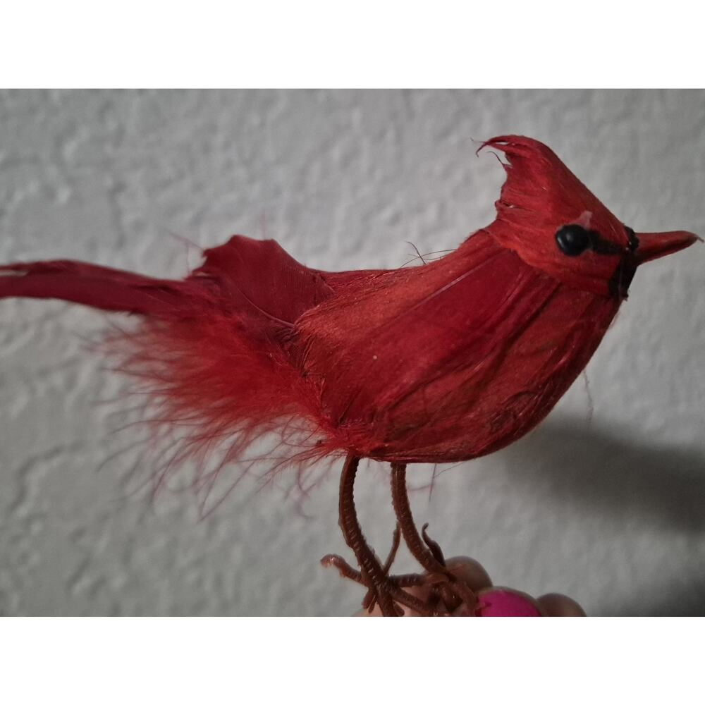 Christmas Bird Red Cardinal Real Feathers 5 Inch Long With Wires Attached
